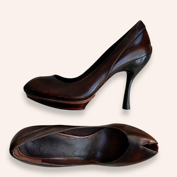 Pin Up Peep Toe Brown Leather Heels Modern Vintage Brand size 7.5 (38) - Picture 4 of 6